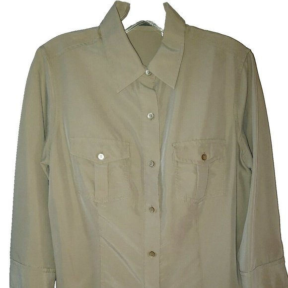 Liz Claiborne Button Down Shirt Blouse Khaki Rayon Poly Stain Resistant Medium - Picture 1 of 8